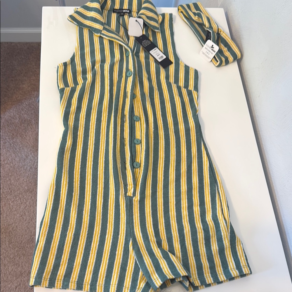 Striped Green and Yellow Romper w/Head Band